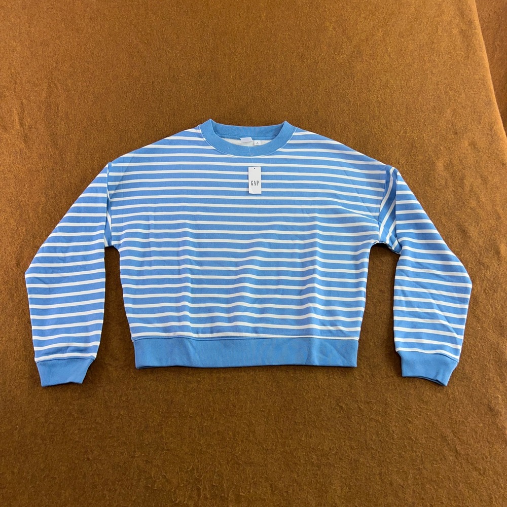 Gap Womens Small Blue Striped Crewneck Long Sleeve Fleece Sweatshirt NWT
